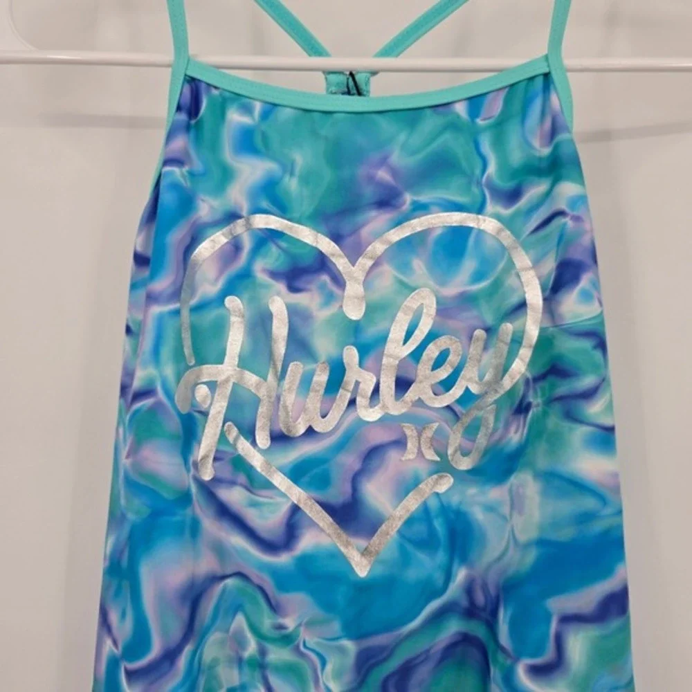 Hurley Girls' Swimsuit One‎ Piece Blue Marble Heart Logo Size 10/12